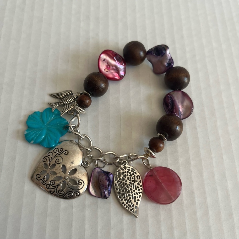 Wooden & Shell Beaded Stretch Bracelet With Cute Charms